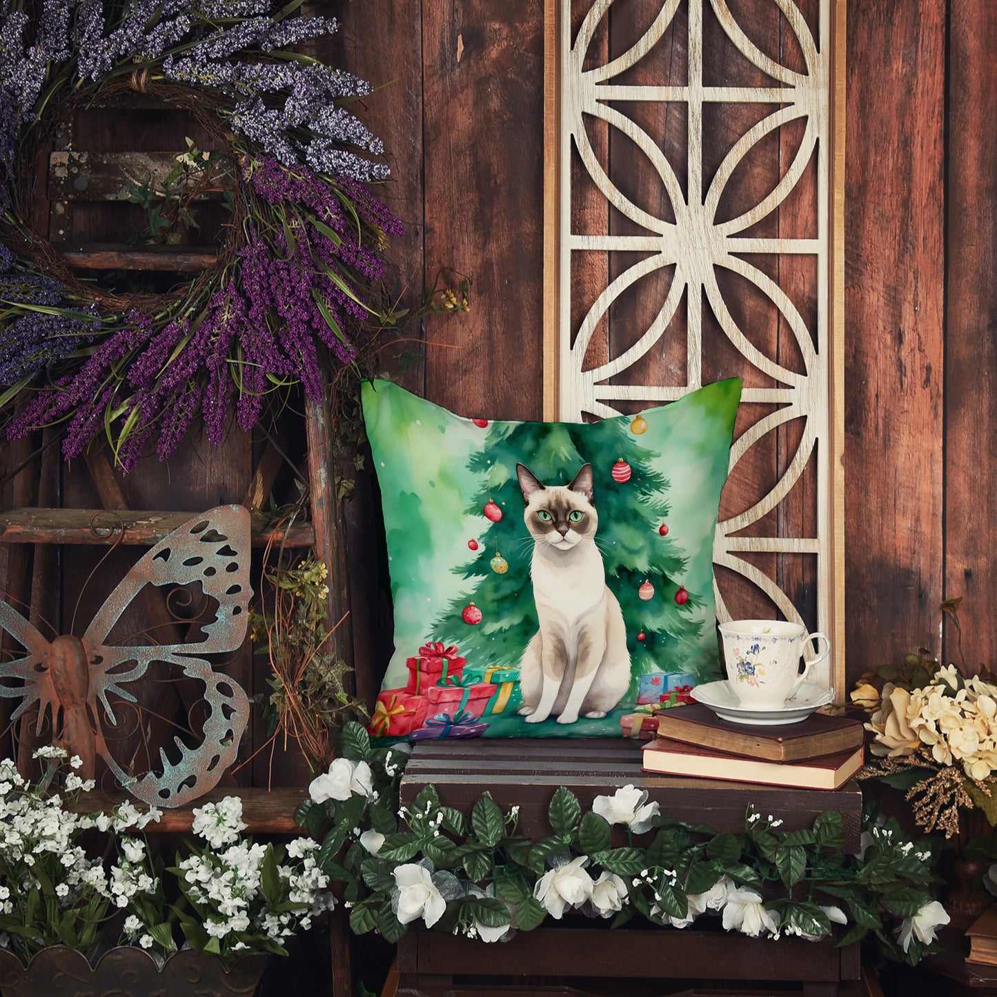 Snowshoe Cat By the Christmas Tree Throw Pillow
