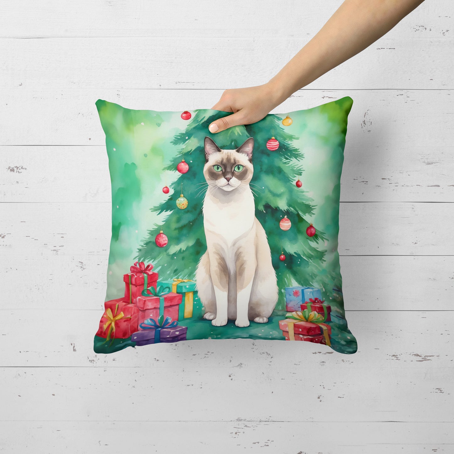 Snowshoe Cat By the Christmas Tree Throw Pillow