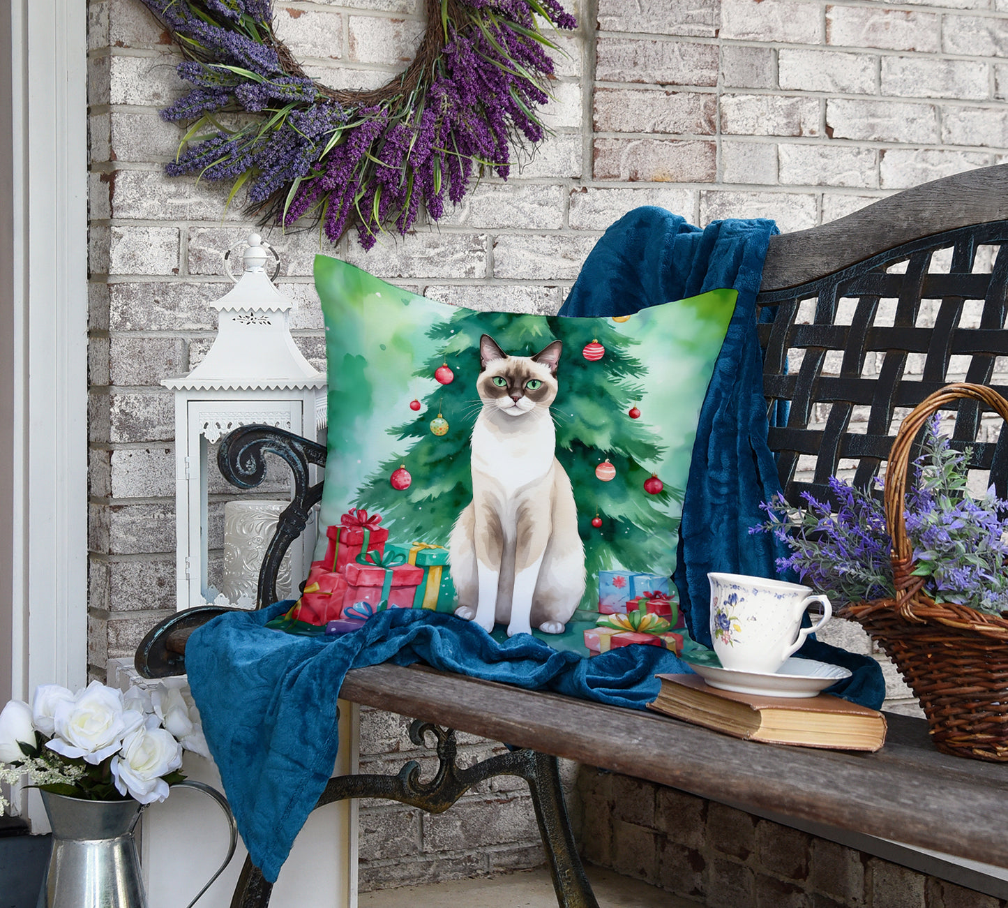 Snowshoe Cat By the Christmas Tree Throw Pillow