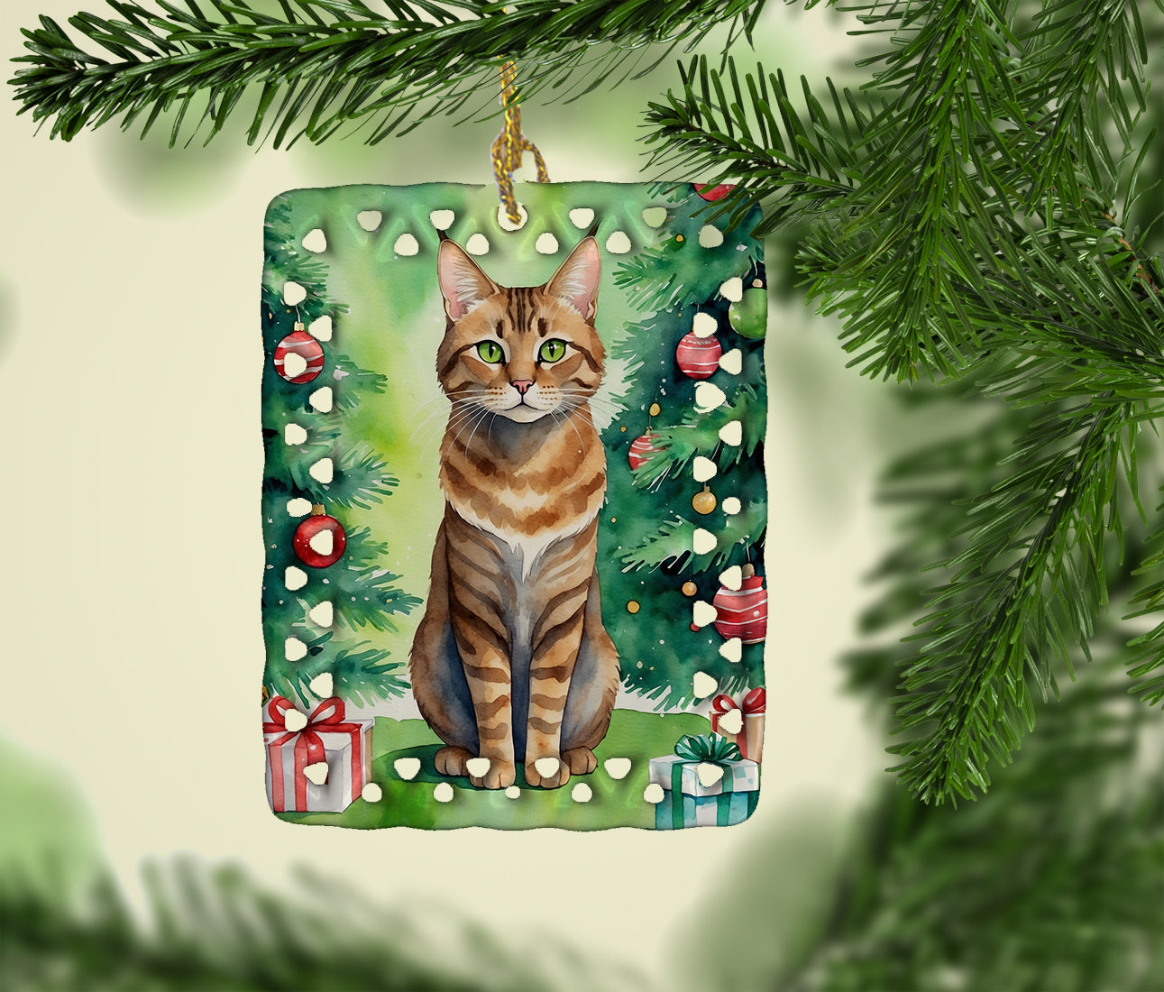 Sokoke Cat By the Christmas Tree Porcelain Ornament