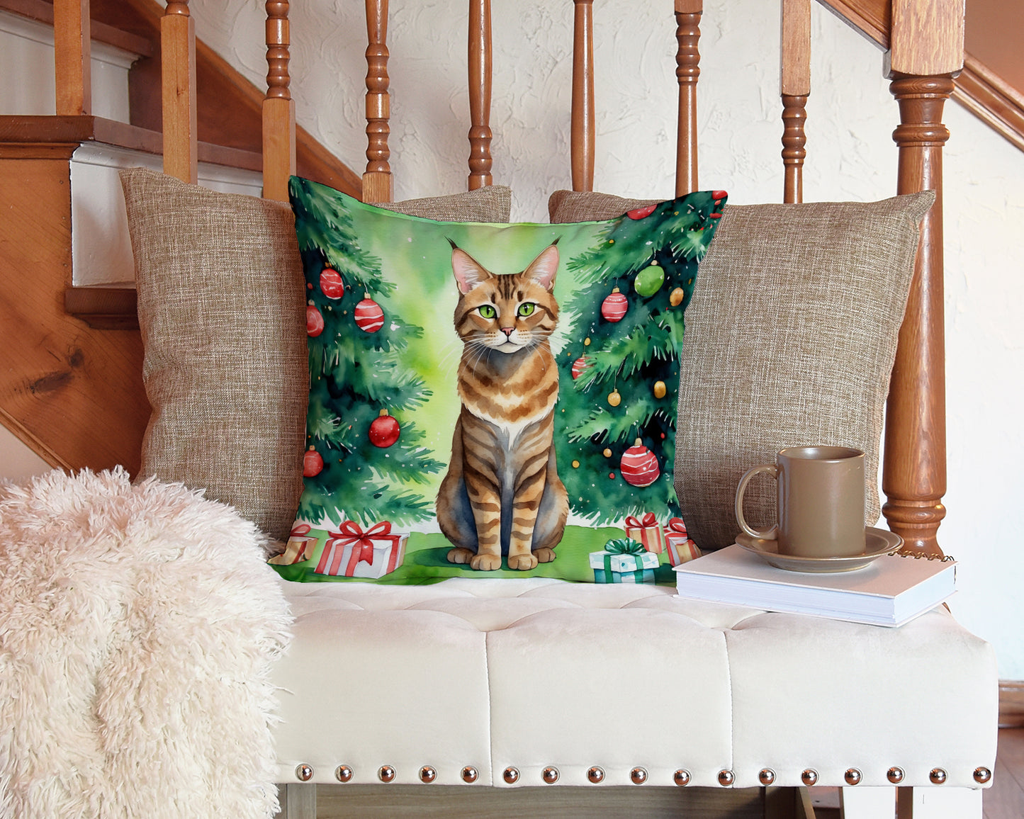 Sokoke Cat By the Christmas Tree Throw Pillow