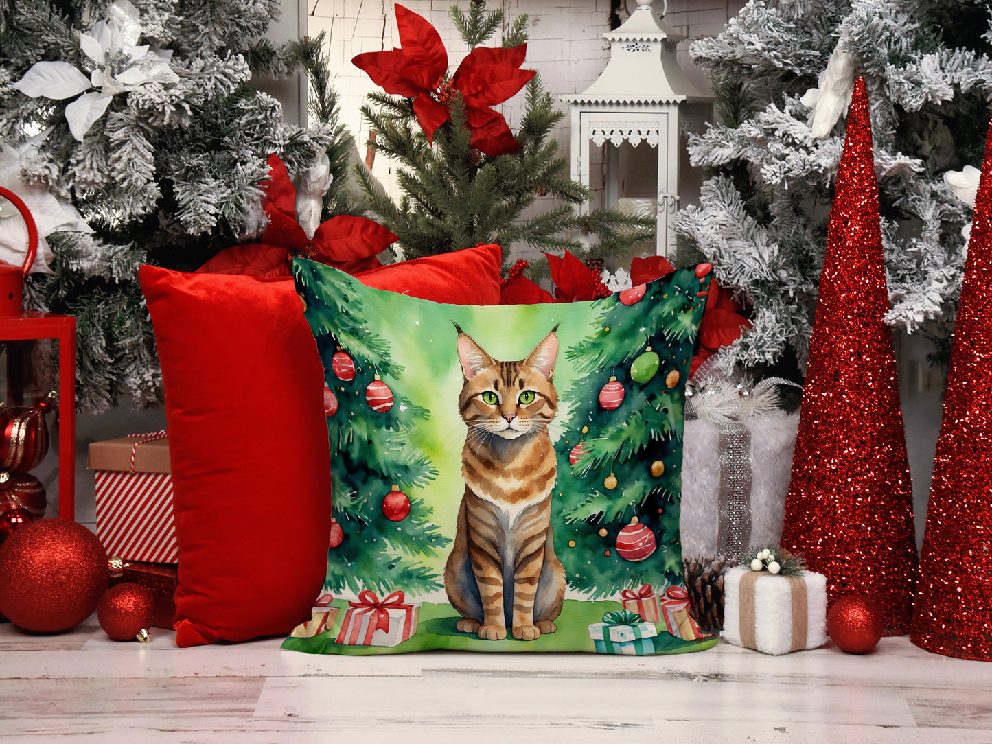 Sokoke Cat By the Christmas Tree Throw Pillow