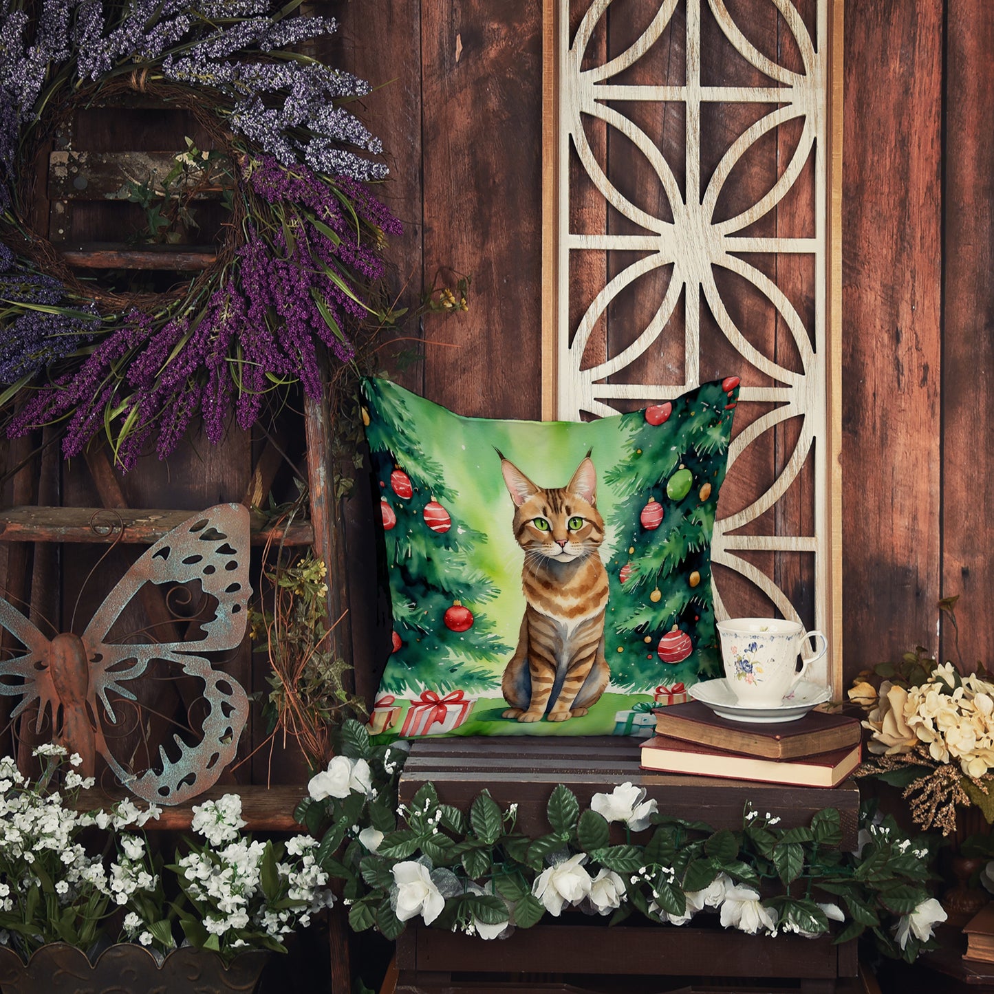 Sokoke Cat By the Christmas Tree Throw Pillow