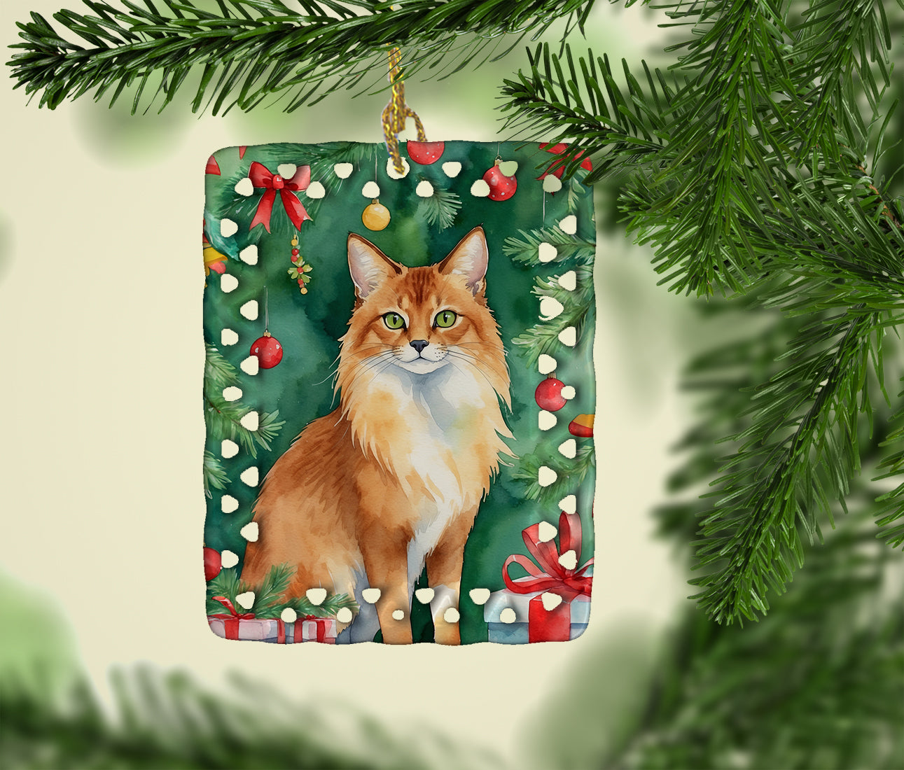 Somali Cat By the Christmas Tree Porcelain Ornament