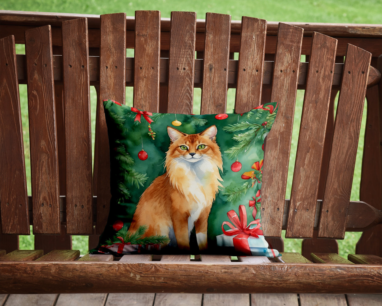 Somali Cat By the Christmas Tree Throw Pillow