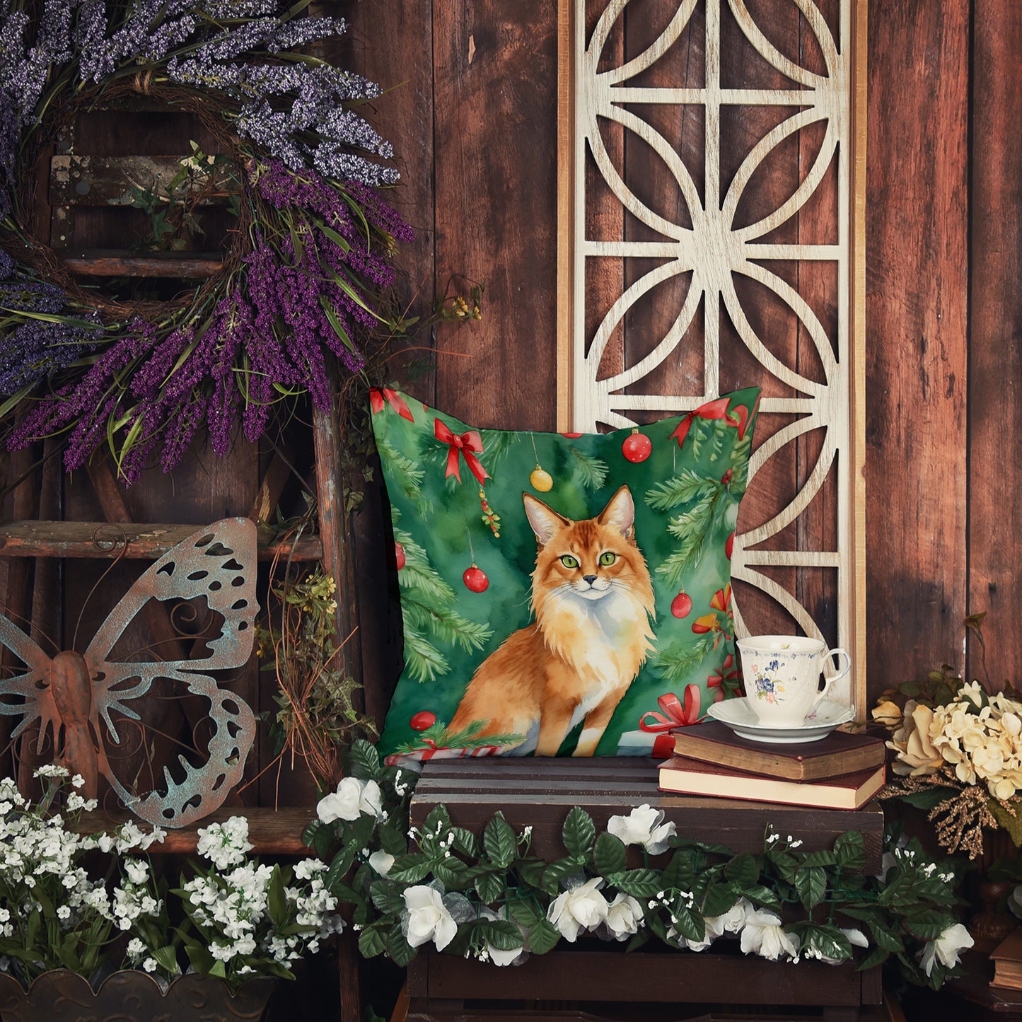 Somali Cat By the Christmas Tree Throw Pillow