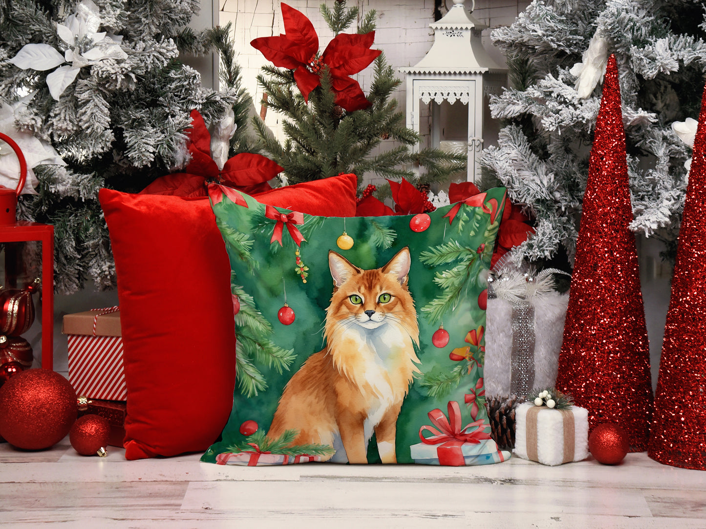 Somali Cat By the Christmas Tree Throw Pillow