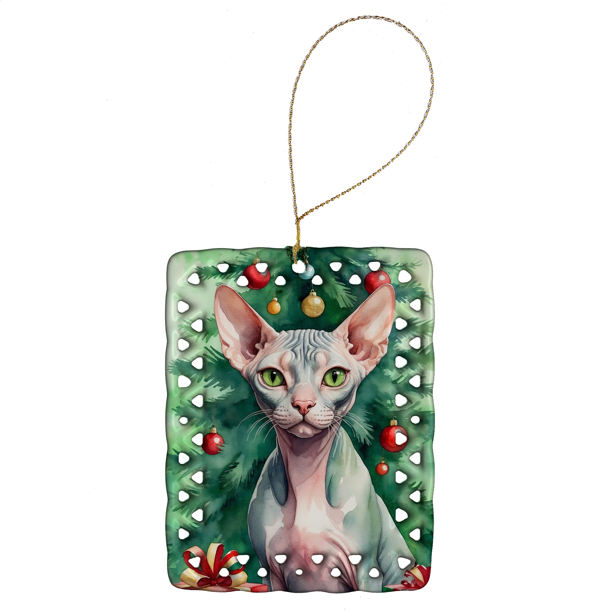 Buy this Sphynx Cat By the Christmas Tree Porcelain Ornament