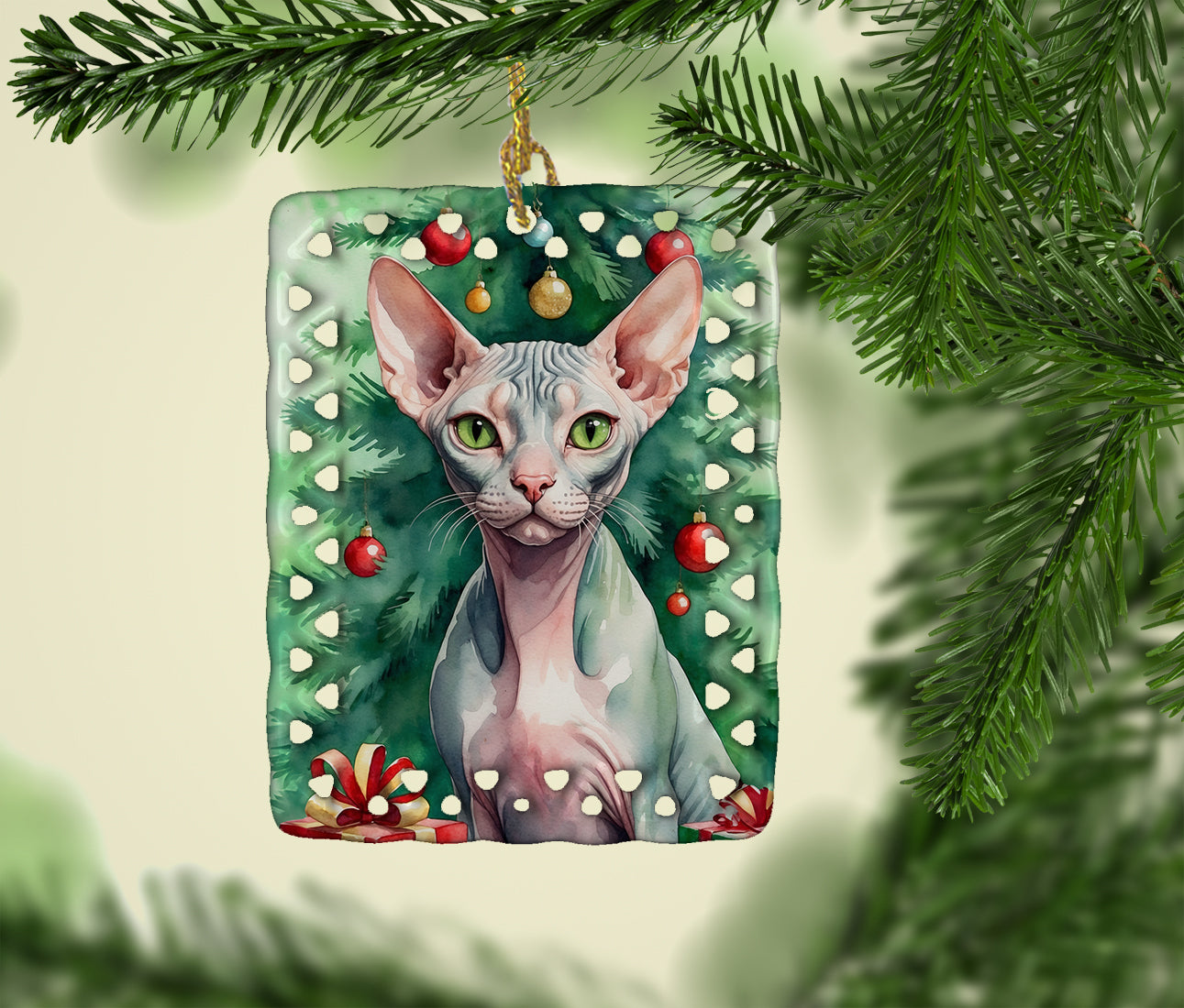 Sphynx Cat By the Christmas Tree Porcelain Ornament
