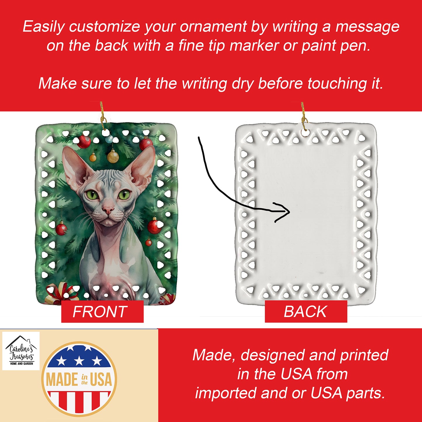 Sphynx Cat By the Christmas Tree Porcelain Ornament