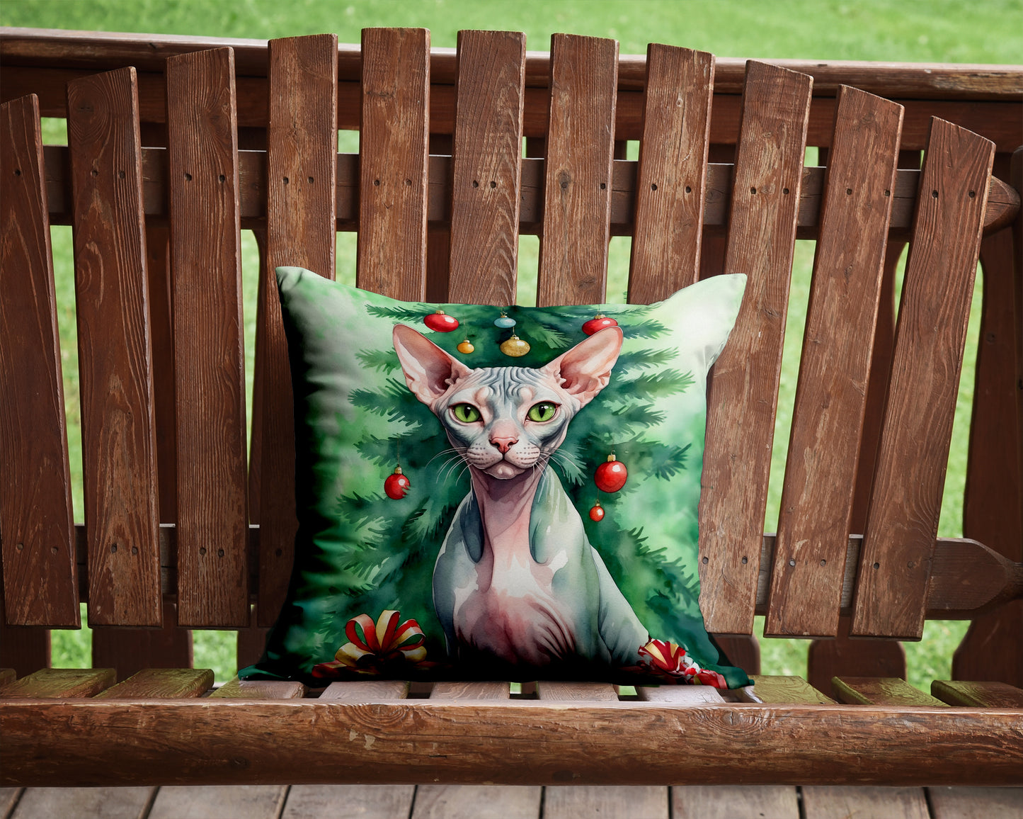 Sphynx Cat By the Christmas Tree Throw Pillow