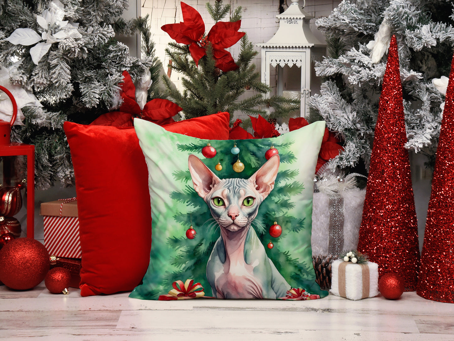 Sphynx Cat By the Christmas Tree Throw Pillow
