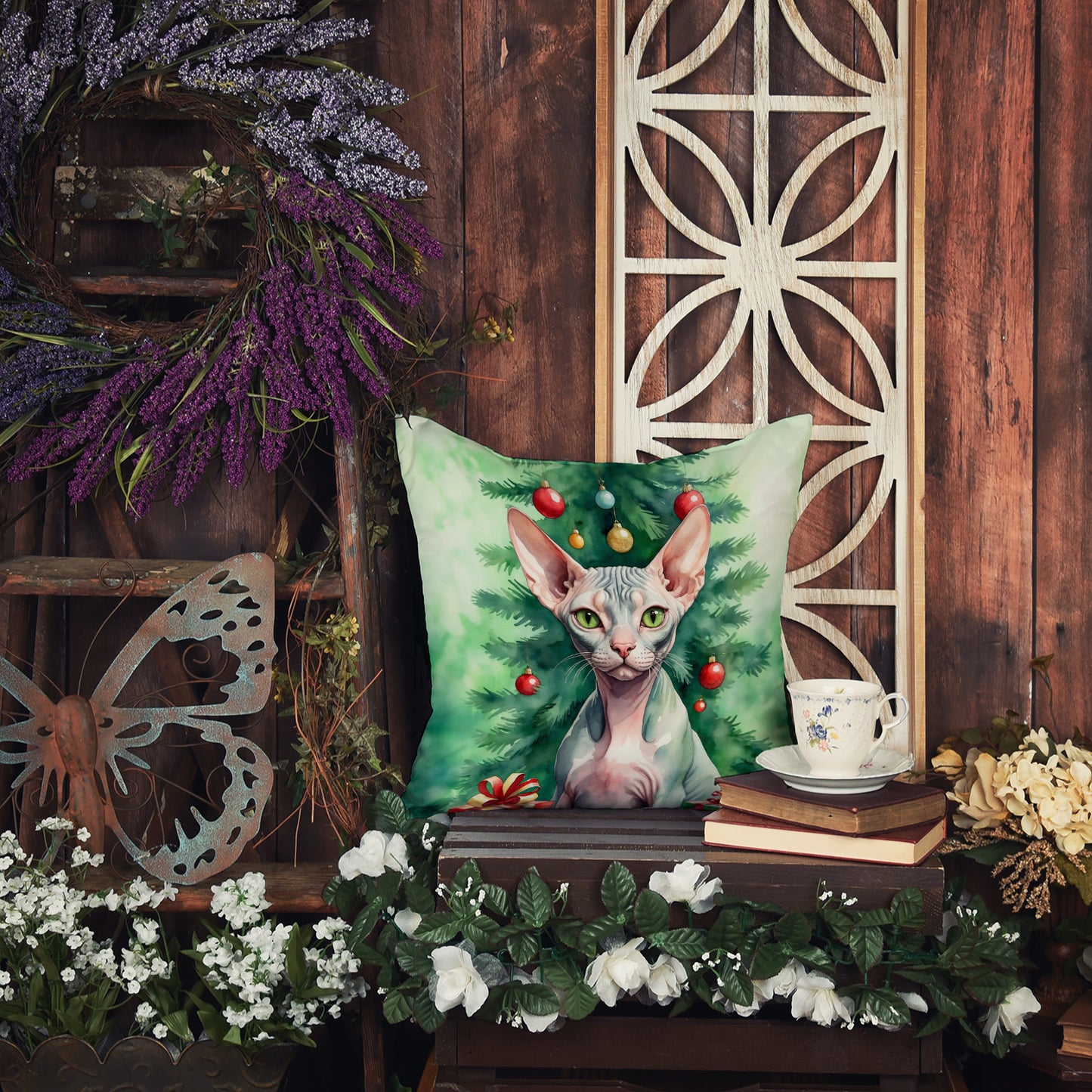 Sphynx Cat By the Christmas Tree Throw Pillow