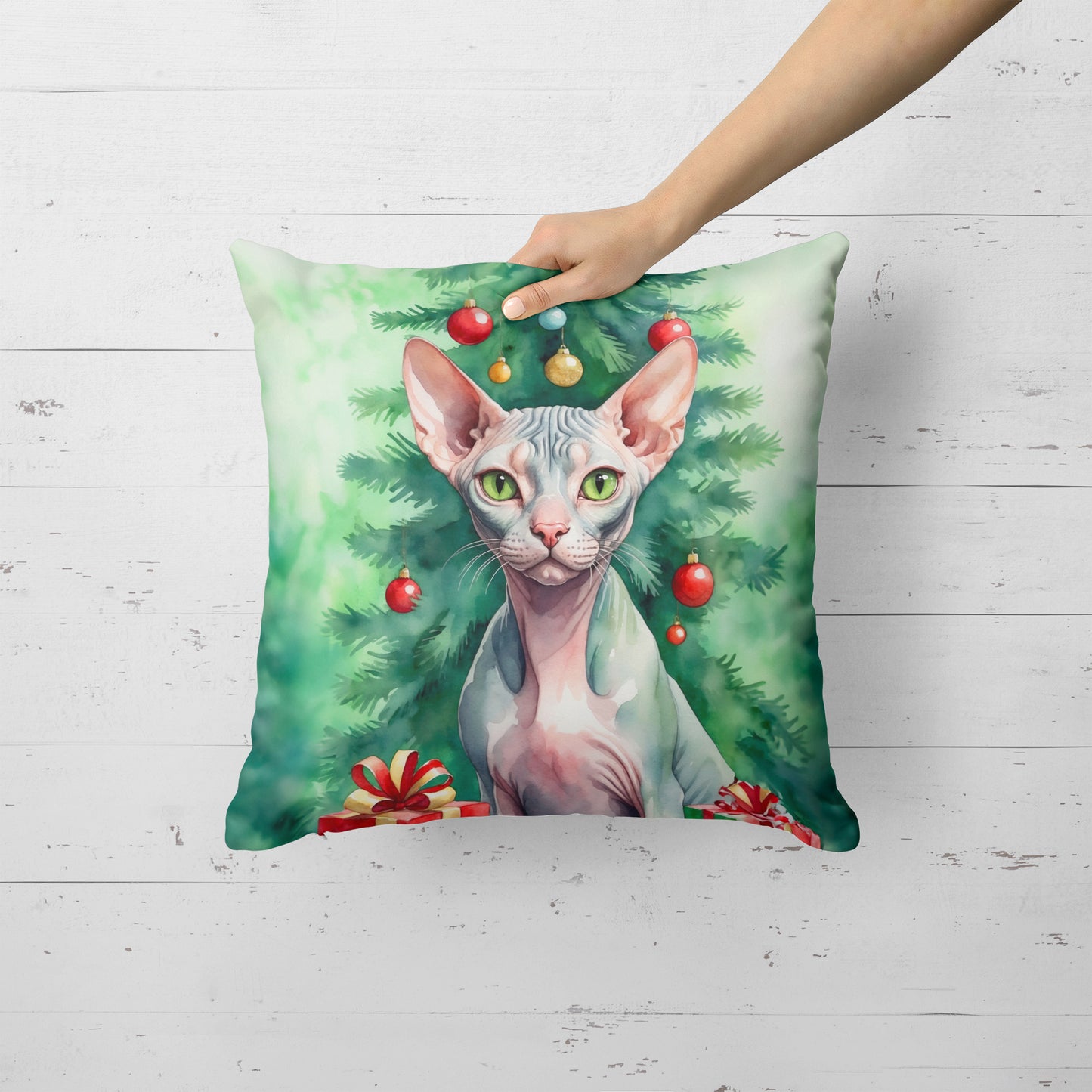 Sphynx Cat By the Christmas Tree Throw Pillow