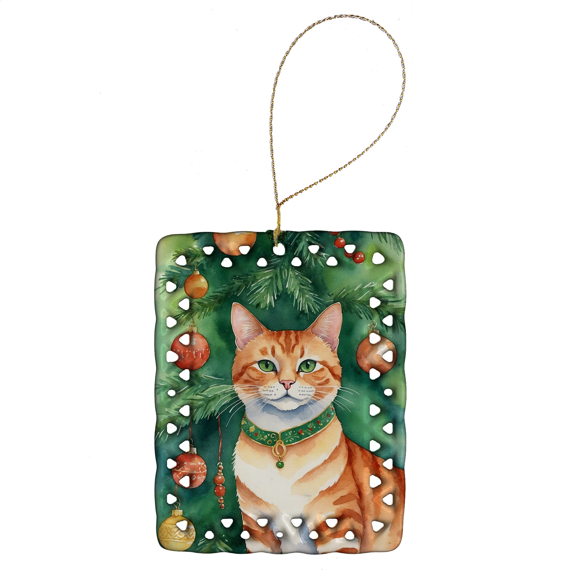 Buy this Suphalak Cat By the Christmas Tree Porcelain Ornament