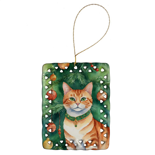 Buy this Suphalak Cat By the Christmas Tree Porcelain Ornament