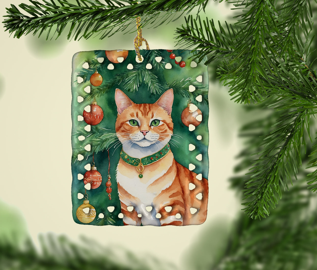 Suphalak Cat By the Christmas Tree Porcelain Ornament