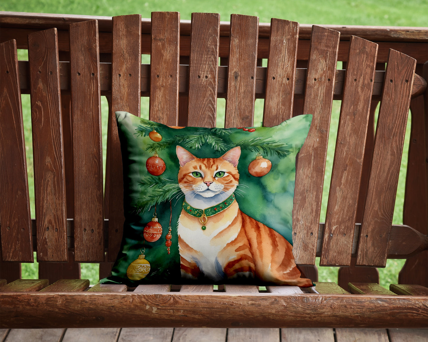 Suphalak Cat By the Christmas Tree Throw Pillow
