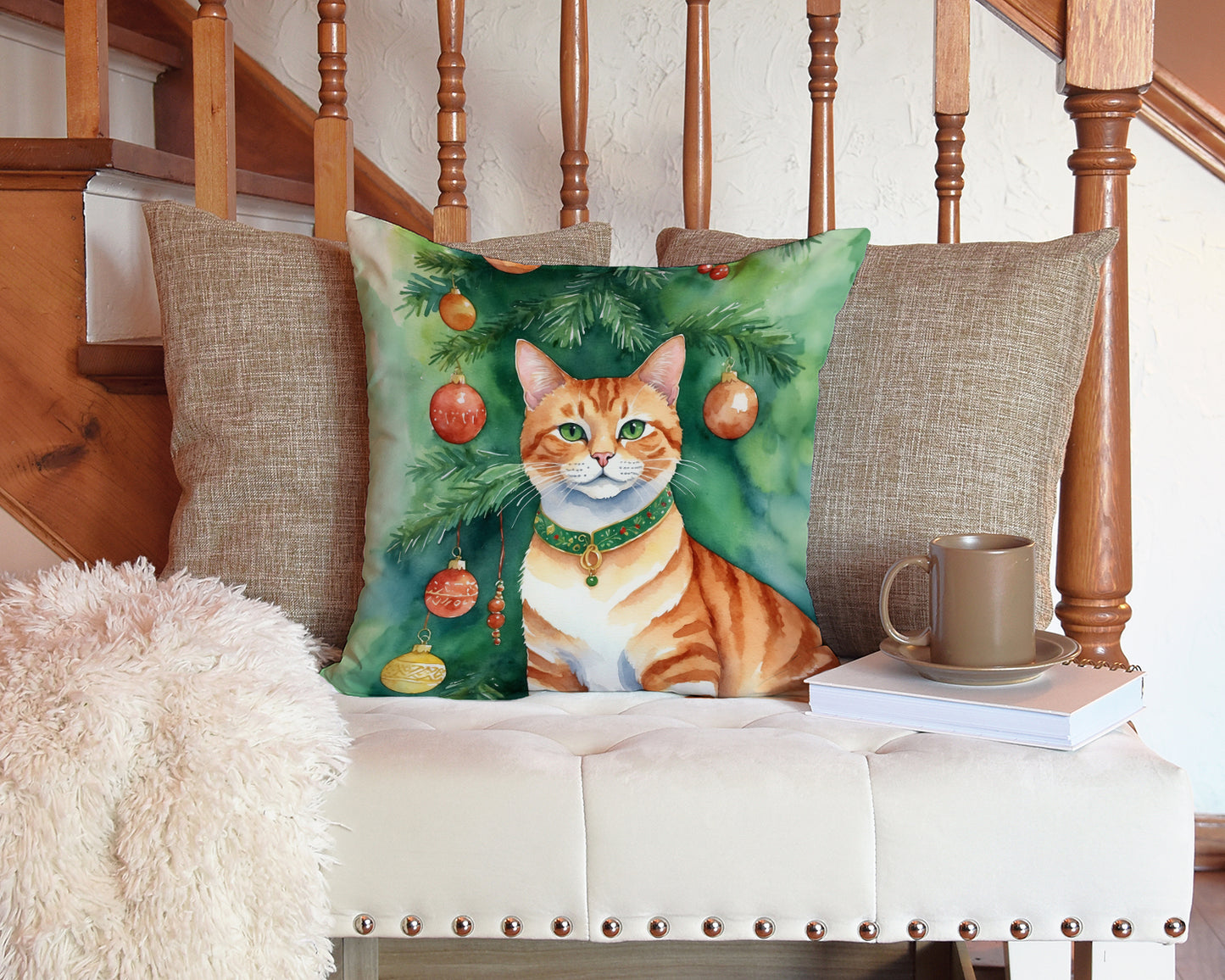 Suphalak Cat By the Christmas Tree Throw Pillow