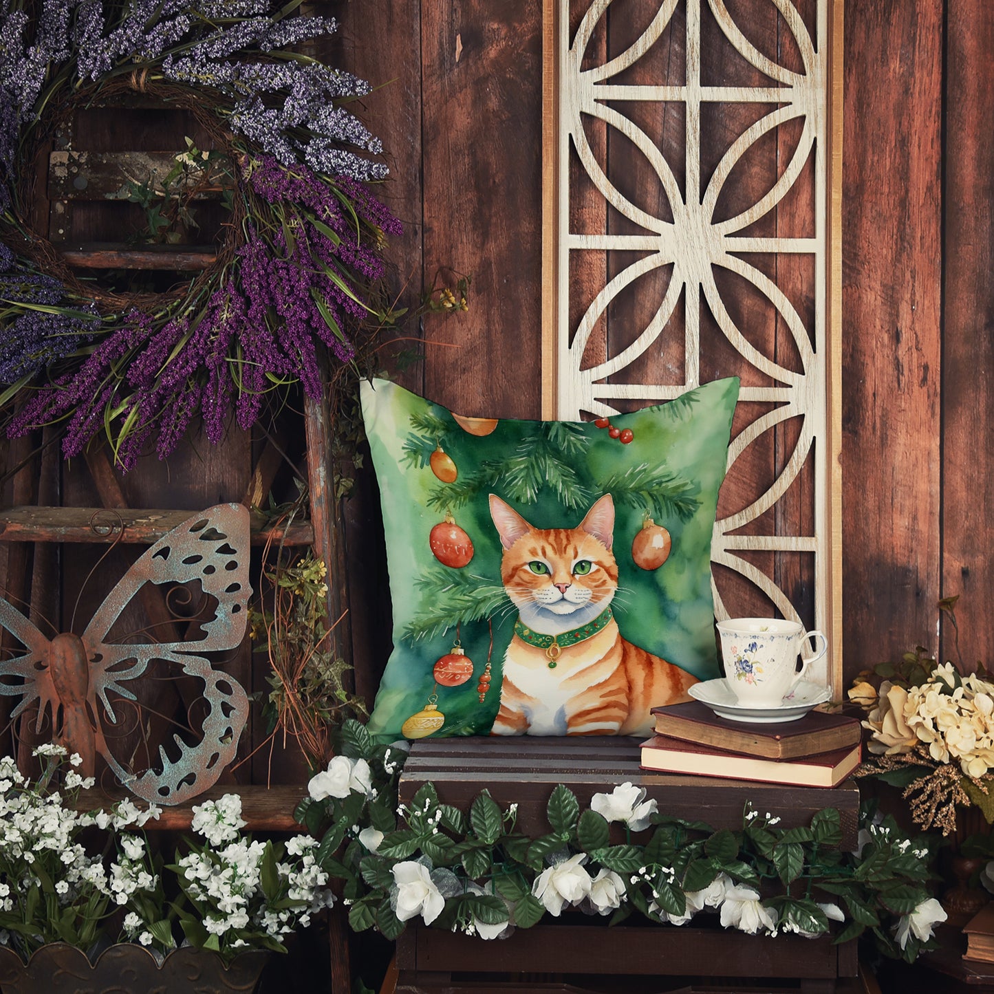 Suphalak Cat By the Christmas Tree Throw Pillow