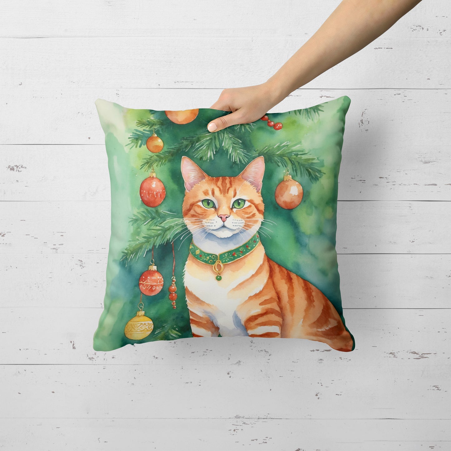 Suphalak Cat By the Christmas Tree Throw Pillow