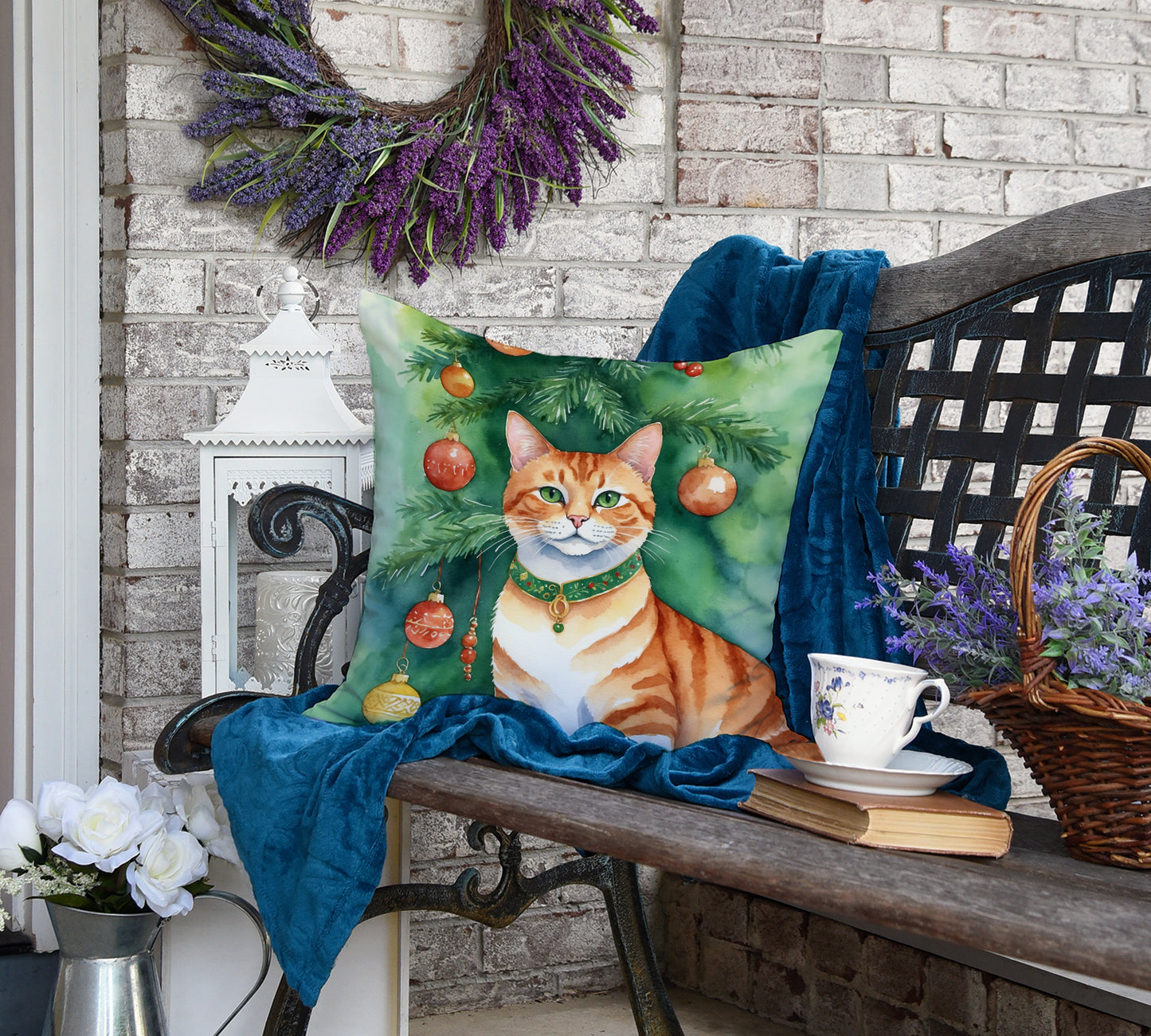 Suphalak Cat By the Christmas Tree Throw Pillow