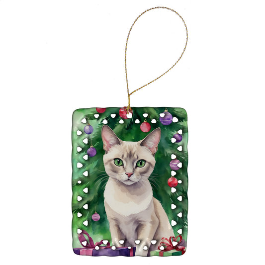 Buy this Thai Lilac Cat By the Christmas Tree Porcelain Ornament