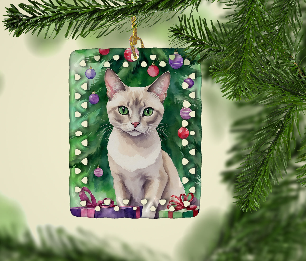Thai Lilac Cat By the Christmas Tree Porcelain Ornament