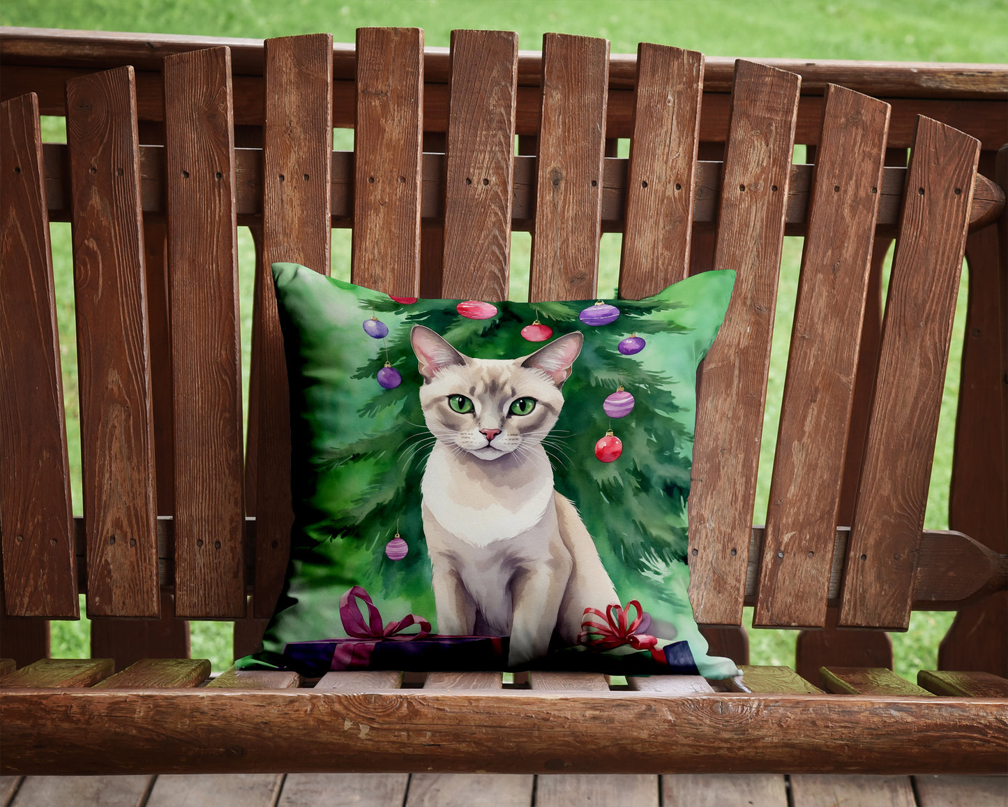 Thai Lilac Cat By the Christmas Tree Throw Pillow