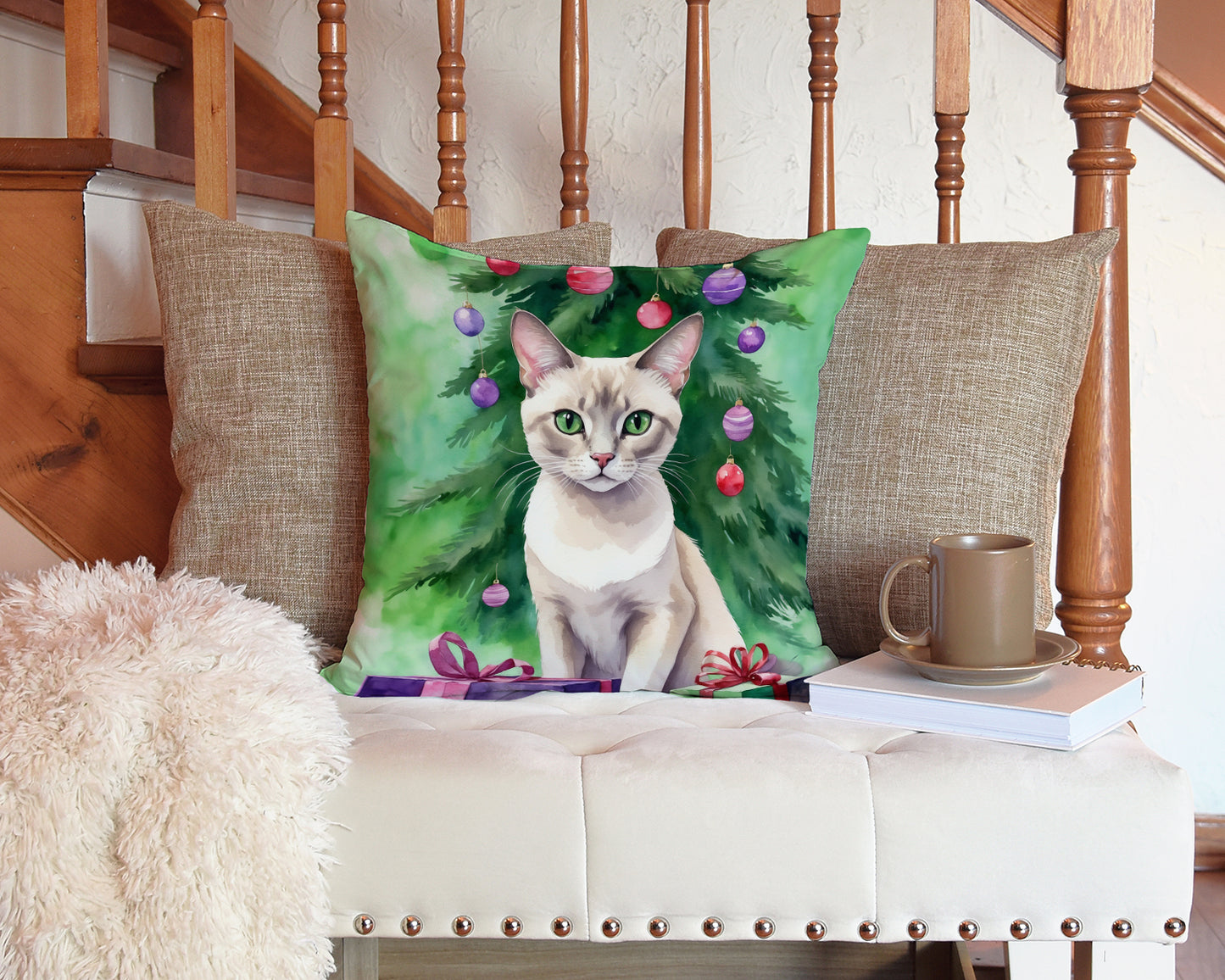Thai Lilac Cat By the Christmas Tree Throw Pillow