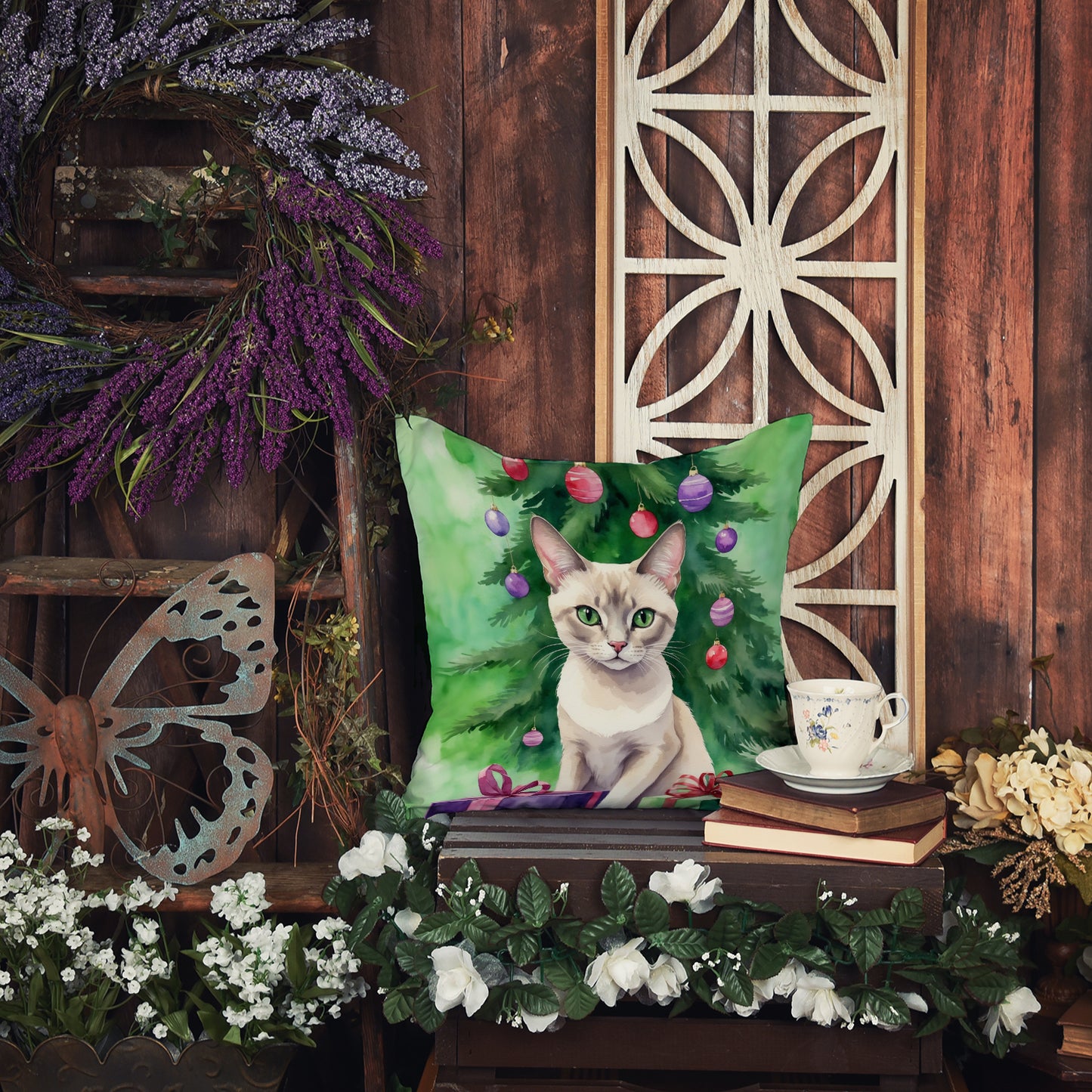 Thai Lilac Cat By the Christmas Tree Throw Pillow