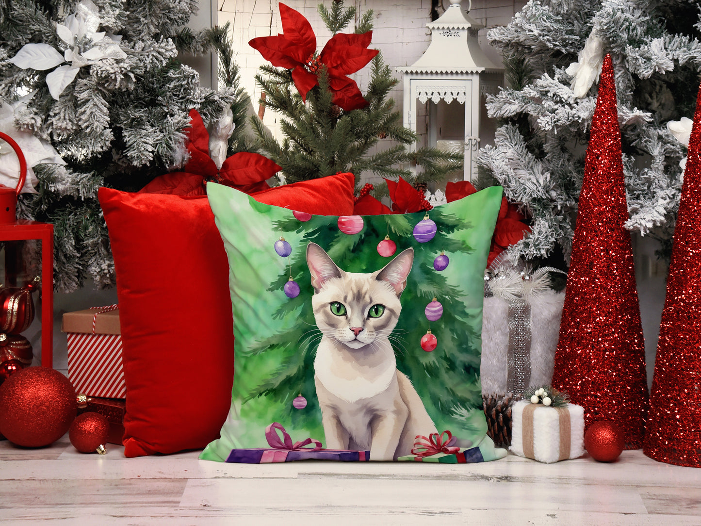 Thai Lilac Cat By the Christmas Tree Throw Pillow