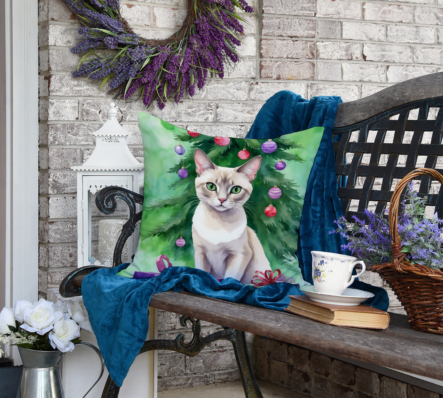 Thai Lilac Cat By the Christmas Tree Throw Pillow