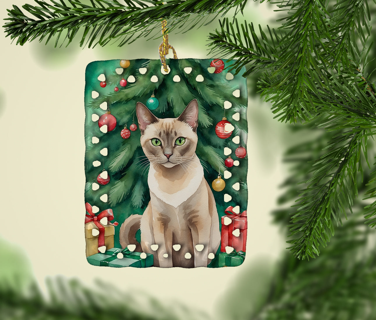 Tonkinese Cat By the Christmas Tree Porcelain Ornament