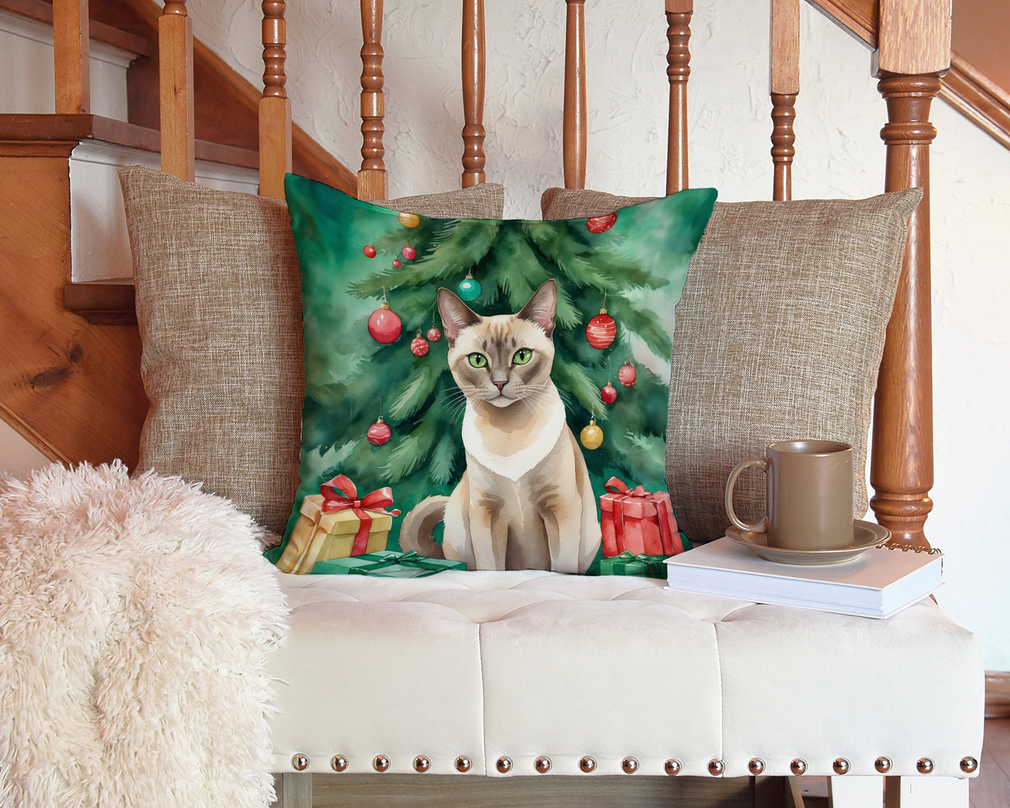 Tonkinese Cat By the Christmas Tree Throw Pillow