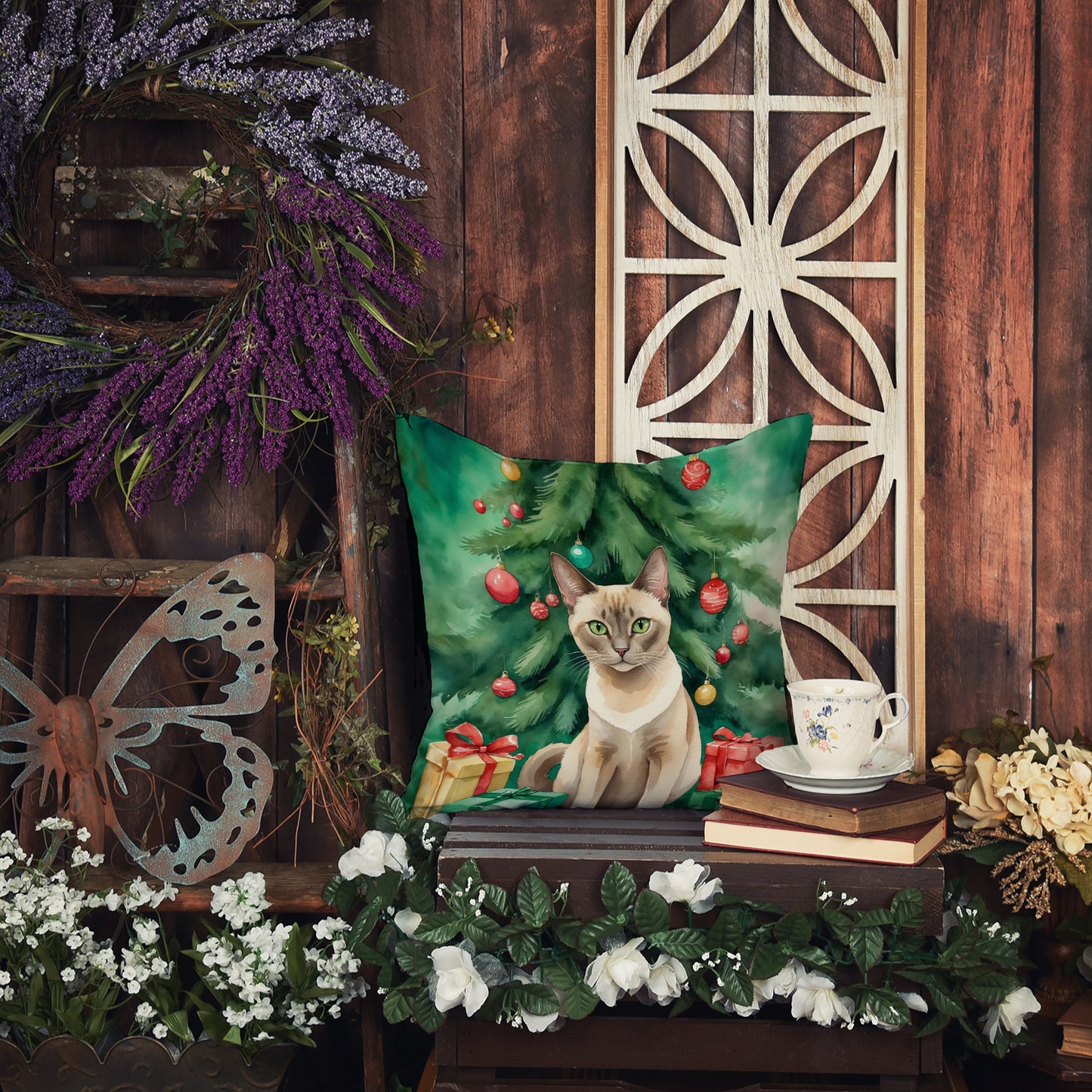 Tonkinese Cat By the Christmas Tree Throw Pillow