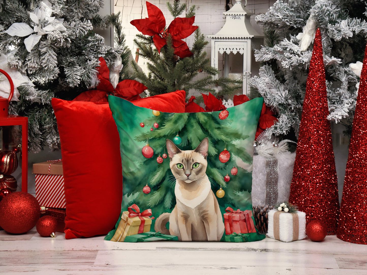 Tonkinese Cat By the Christmas Tree Throw Pillow