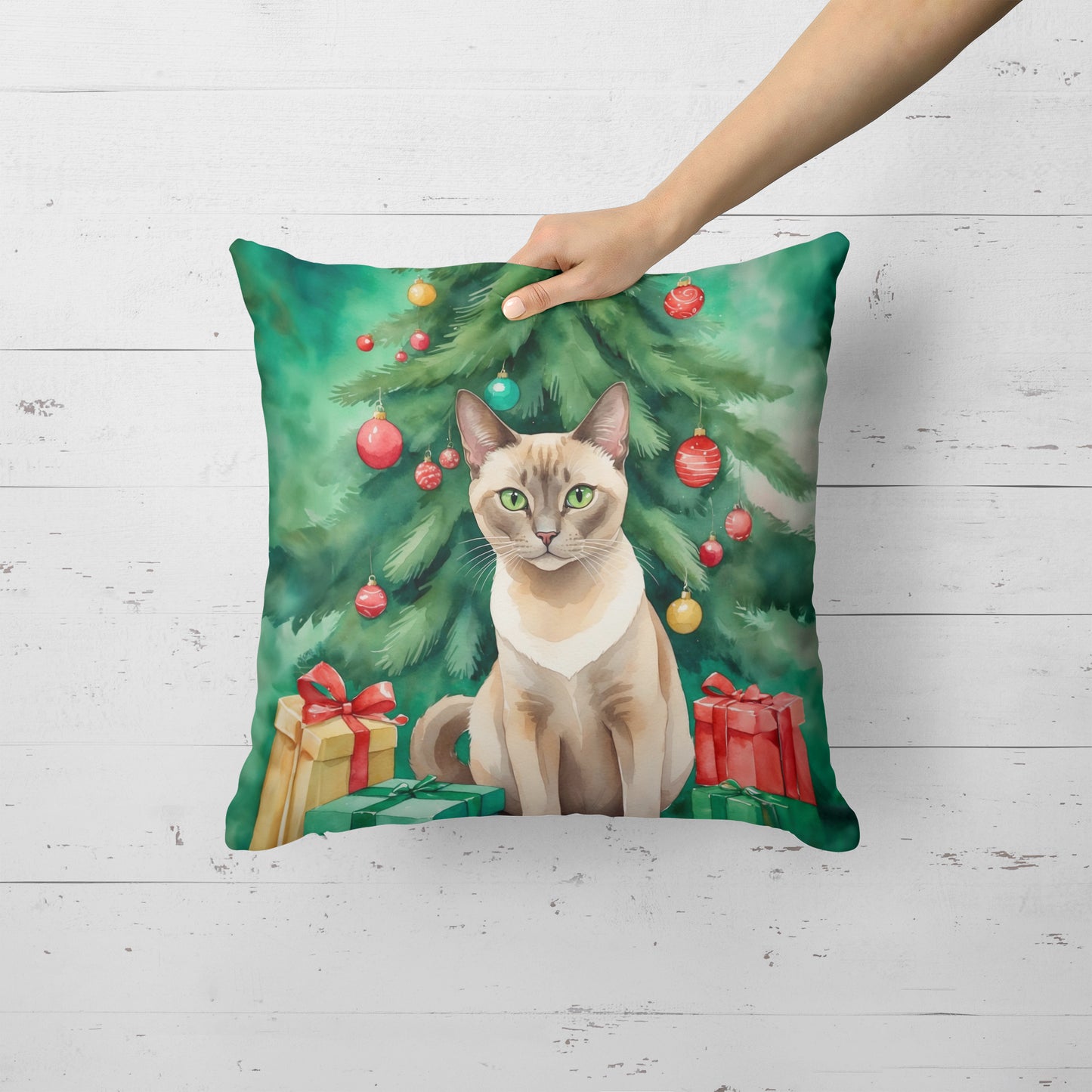Tonkinese Cat By the Christmas Tree Throw Pillow