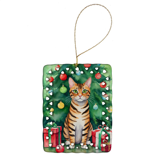 Buy this Toyger Cat By the Christmas Tree Porcelain Ornament