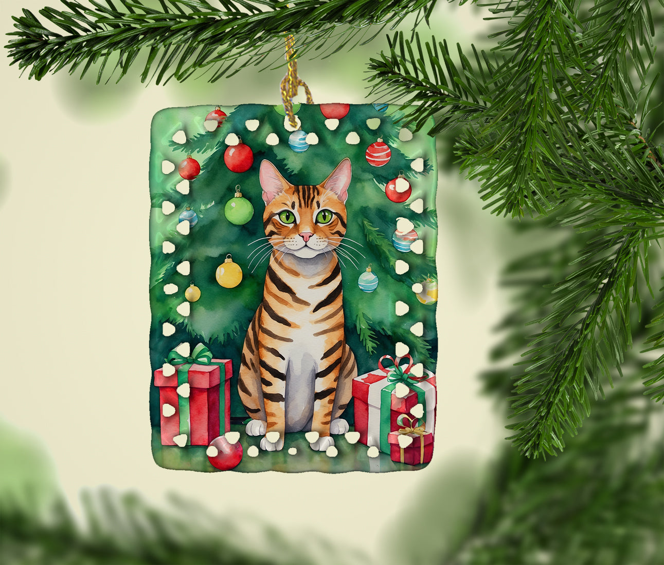 Toyger Cat By the Christmas Tree Porcelain Ornament