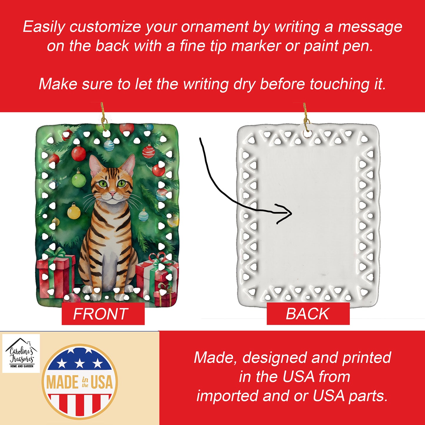 Toyger Cat By the Christmas Tree Porcelain Ornament