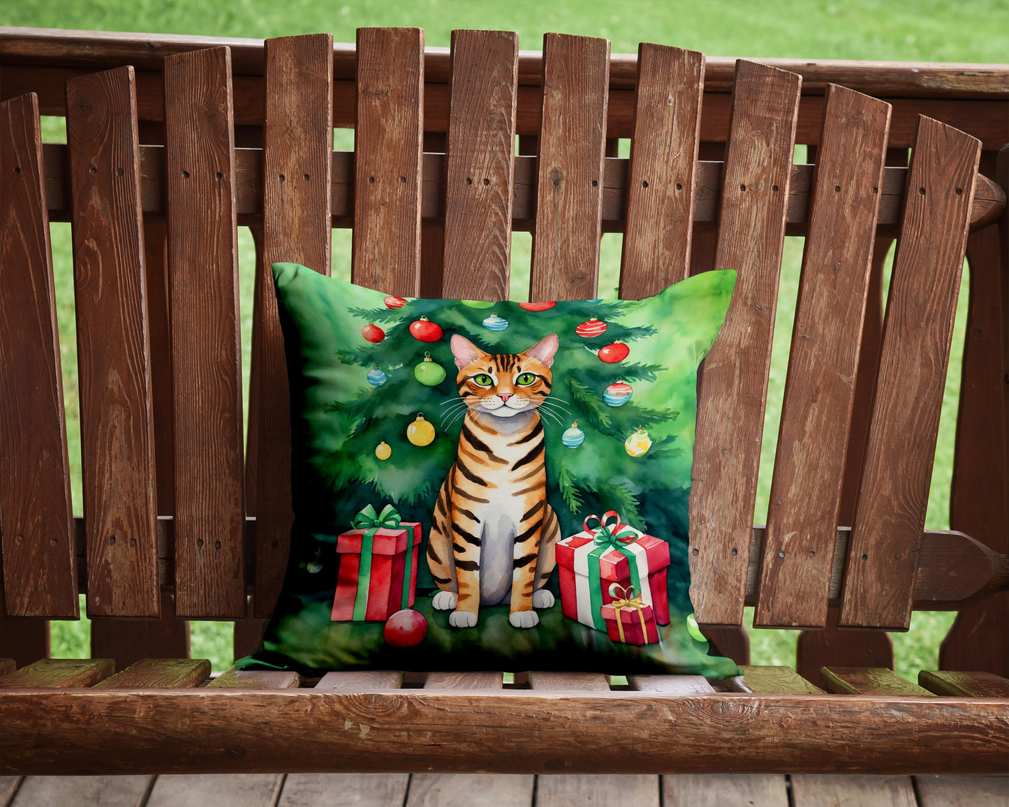 Toyger Cat By the Christmas Tree Throw Pillow