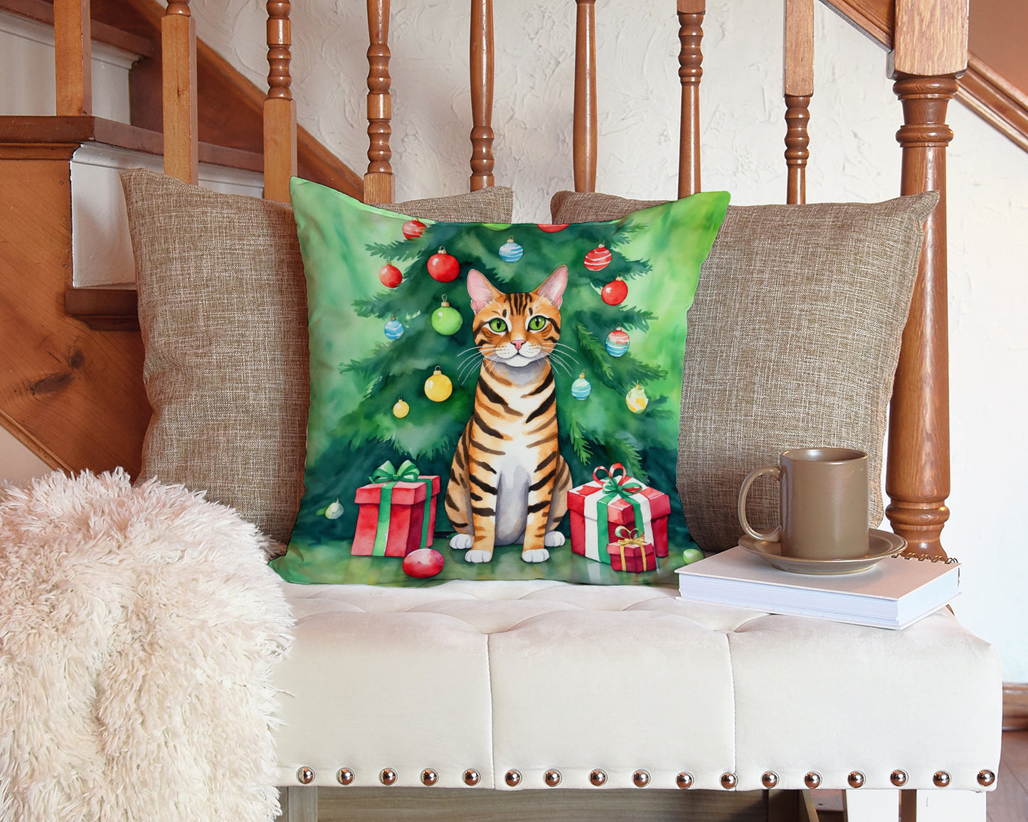 Toyger Cat By the Christmas Tree Throw Pillow