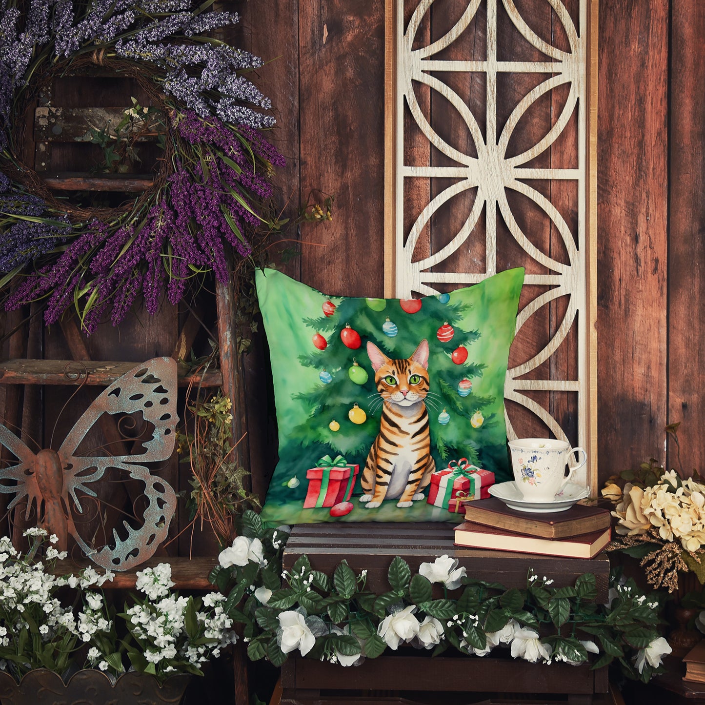 Toyger Cat By the Christmas Tree Throw Pillow