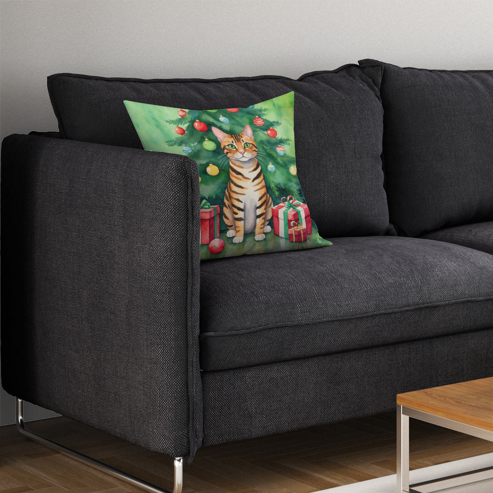 Toyger Cat By the Christmas Tree Throw Pillow