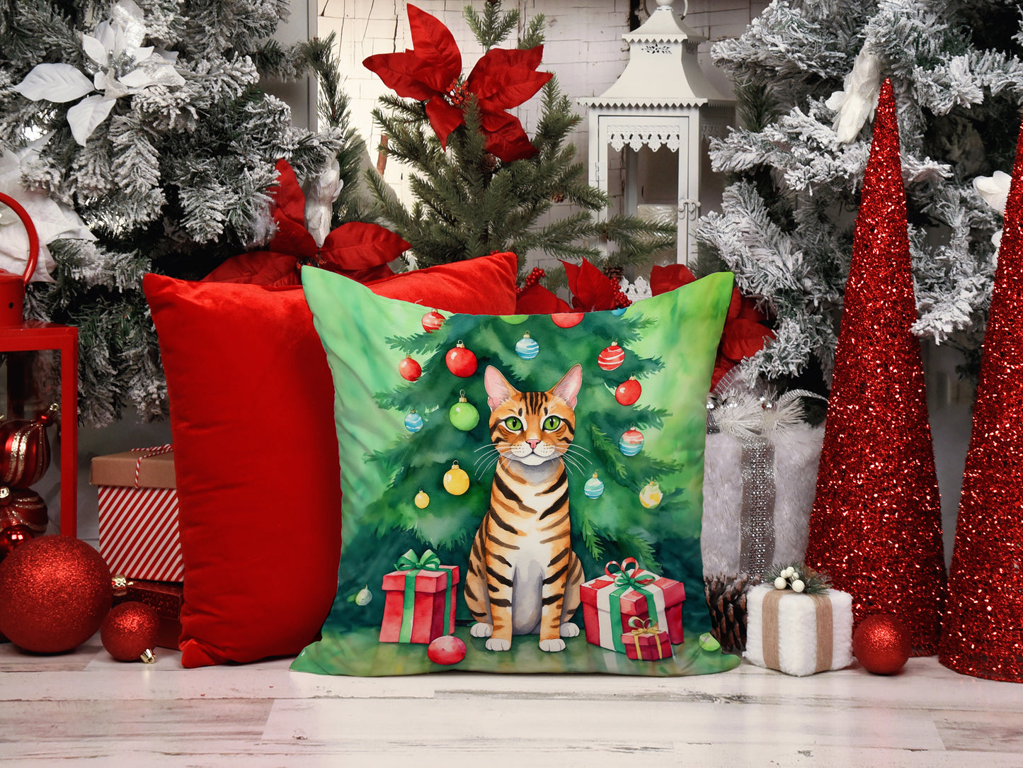 Toyger Cat By the Christmas Tree Throw Pillow