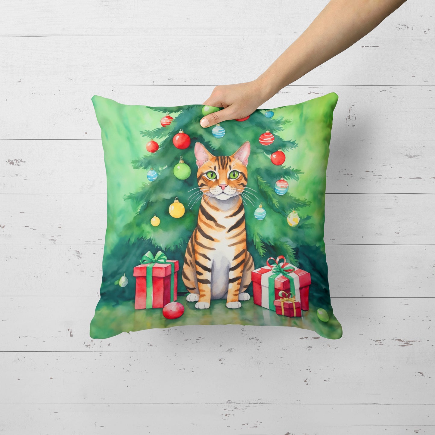 Toyger Cat By the Christmas Tree Throw Pillow