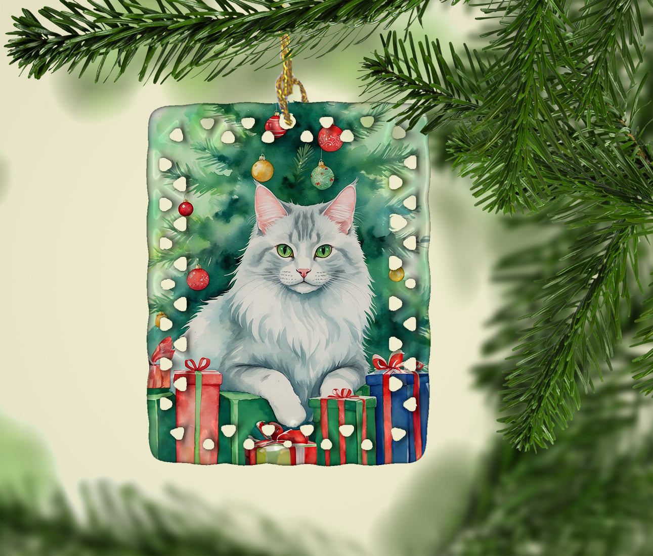 Turkish Angora Cat By the Christmas Tree Porcelain Ornament