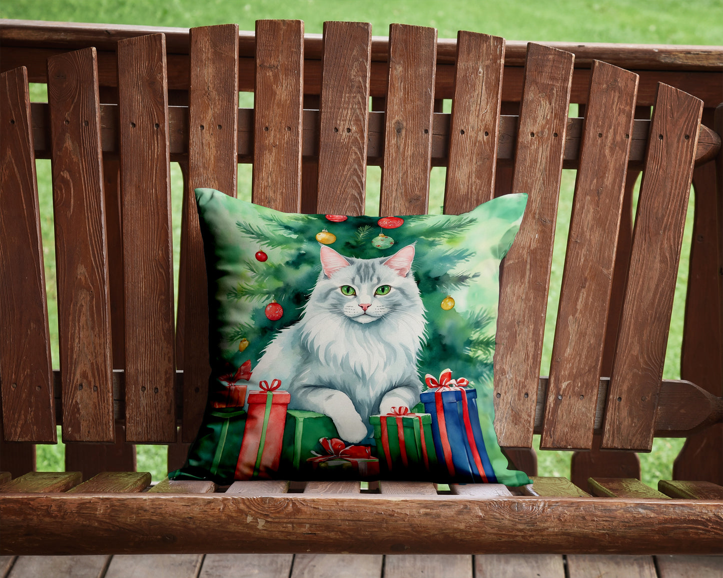 Turkish Angora Cat By the Christmas Tree Throw Pillow