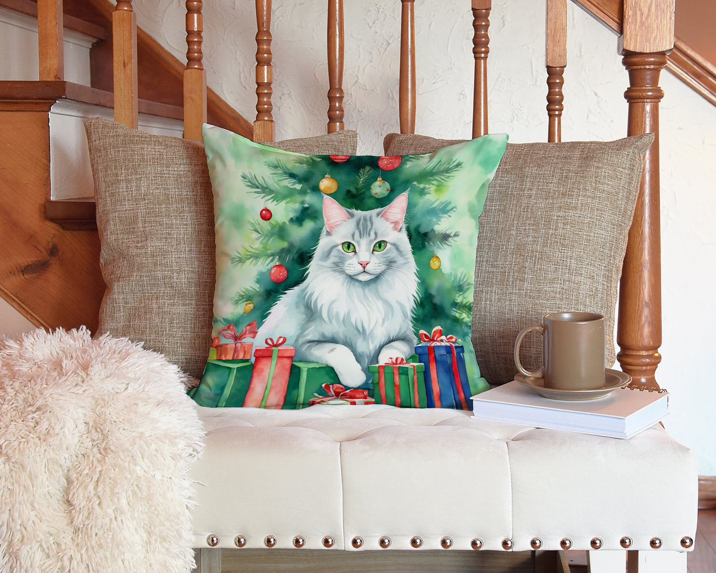 Turkish Angora Cat By the Christmas Tree Throw Pillow